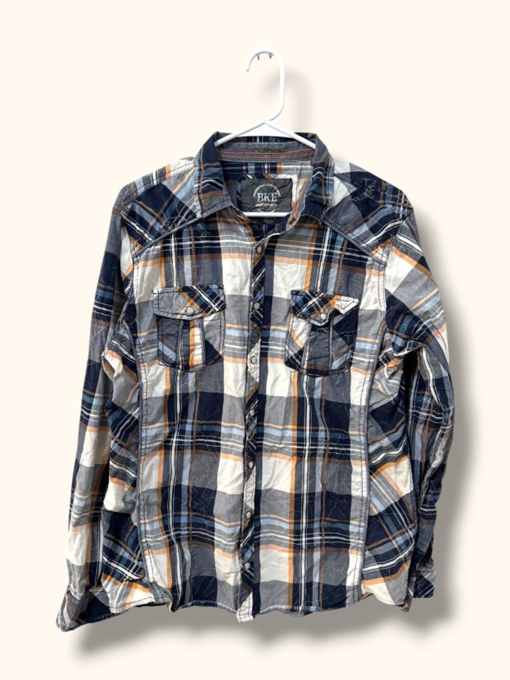 BKE Shirt Mens L Plaid Long Sleeve Western Snap Button 100% Cotton Blue Casual